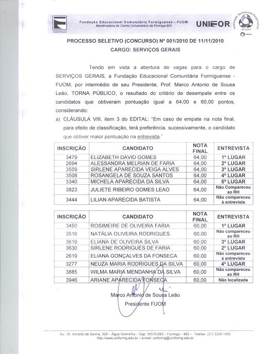 Divulgado o resultado do processo seletivo para o cargo de Serviços Gerais