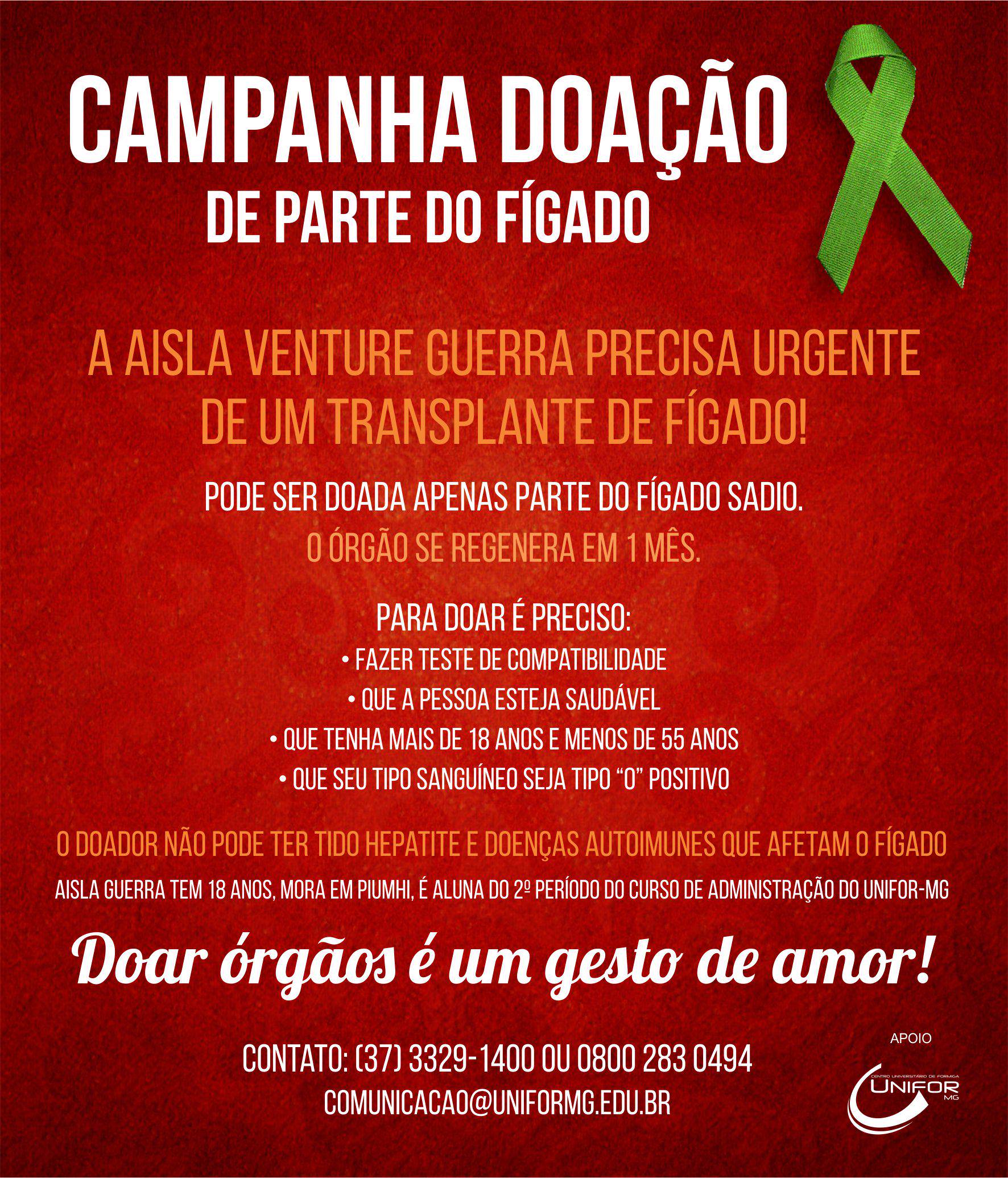 UNIFOR-MG apoia campanha de doação de parte do fígado para aluna de Administração