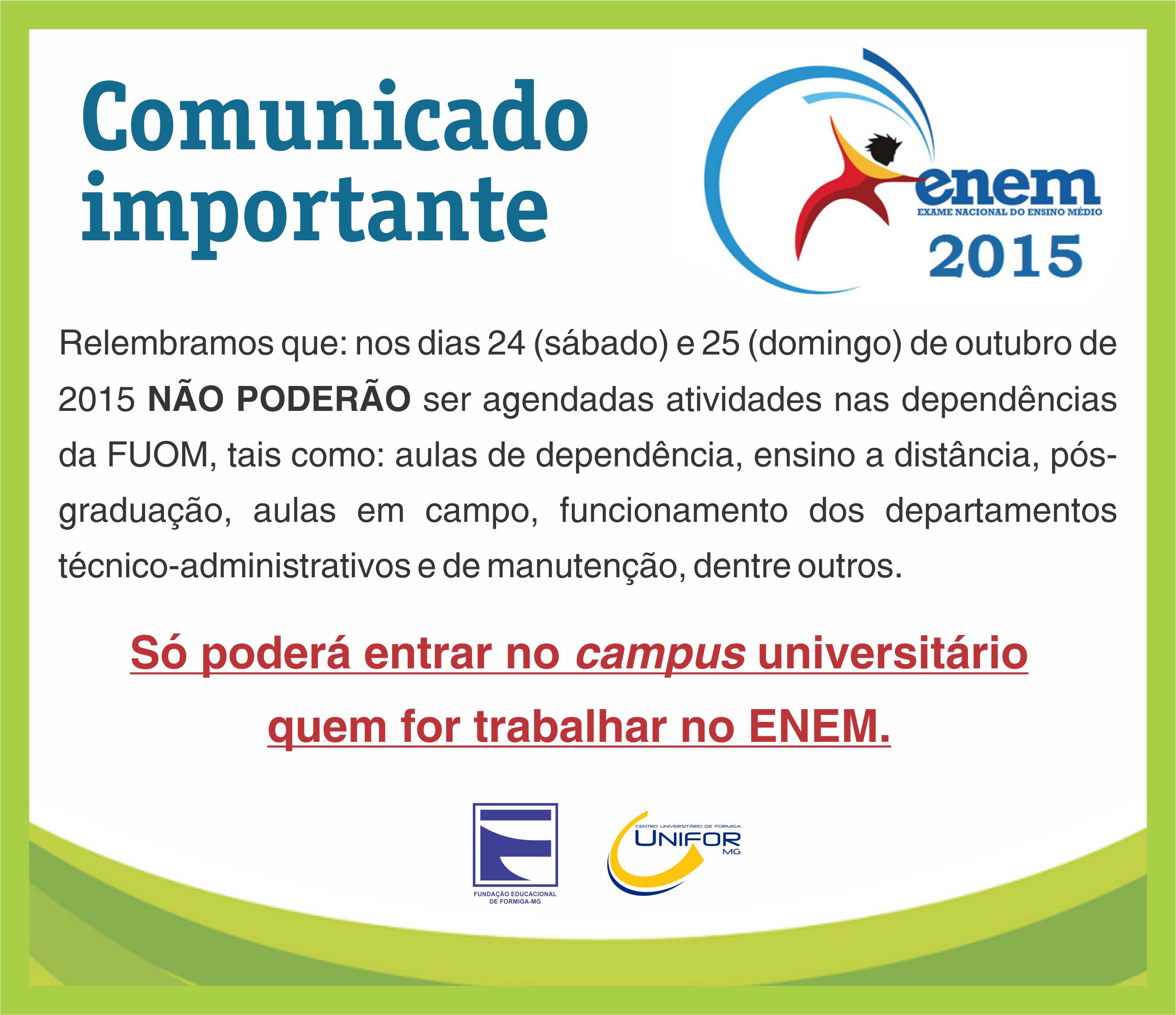COMUNICADO SOBRE AS PROVAS DO ENEM NO UNIFOR-MG