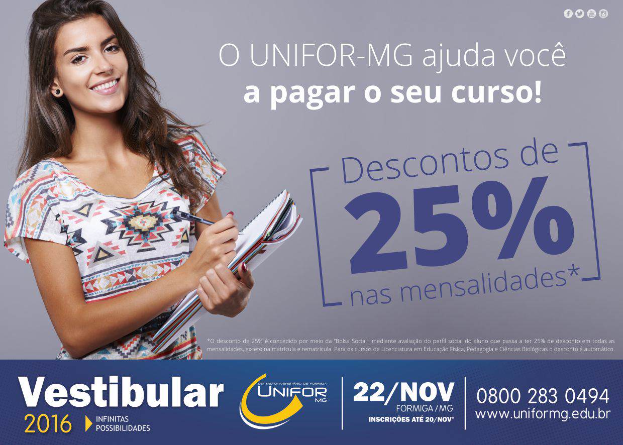 Continuam abertas as inscrições para o Vestibular 2016 do UNIFOR-MG