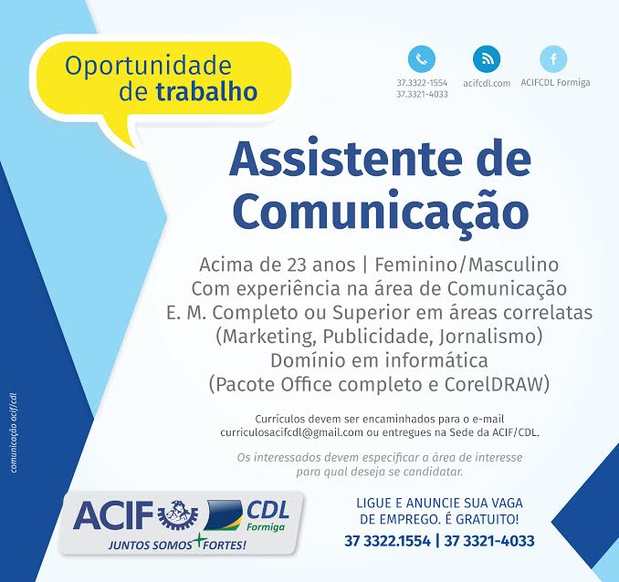 ACIF/CDL divulga vaga de Assistente de Comunicação
