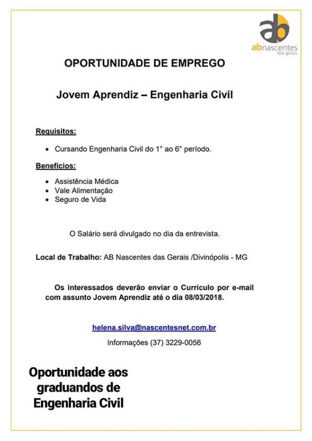 Empresa seleciona alunos de Engenharia Civil para vaga de Jovem Aprendiz