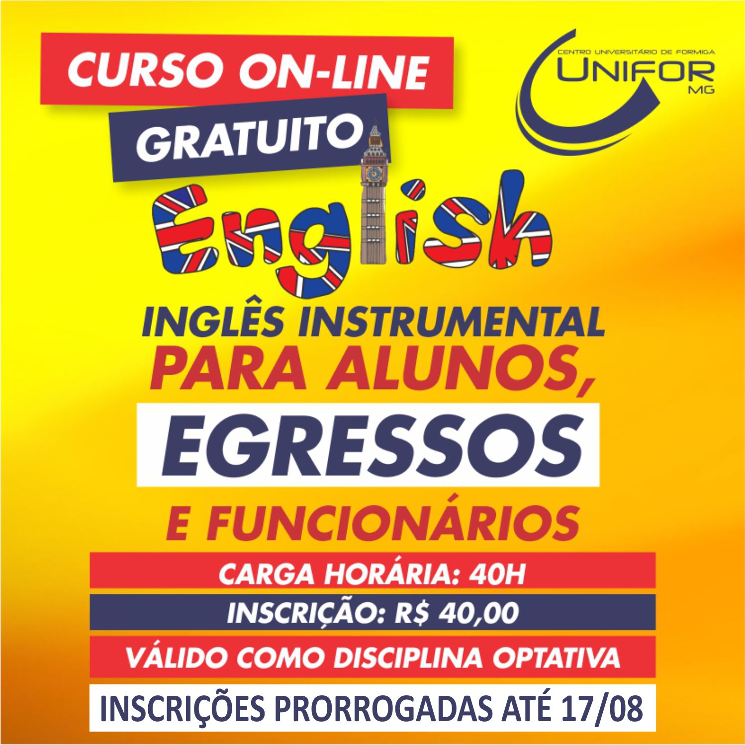 UNIFOR-MG OFERECE CURSO DE INGLÊS INSTRUMENTAL GRATUITO PARA ALUNOS, EGRESSOS E FUNCIONÁRIOS