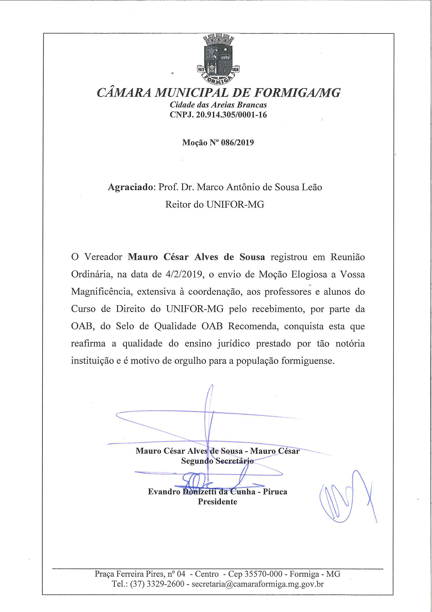 UNIFOR-MG RECEBE HOMENAGEM PELA CONQUISTA DO SELO DE QUALIDADE OAB RECOMENDA