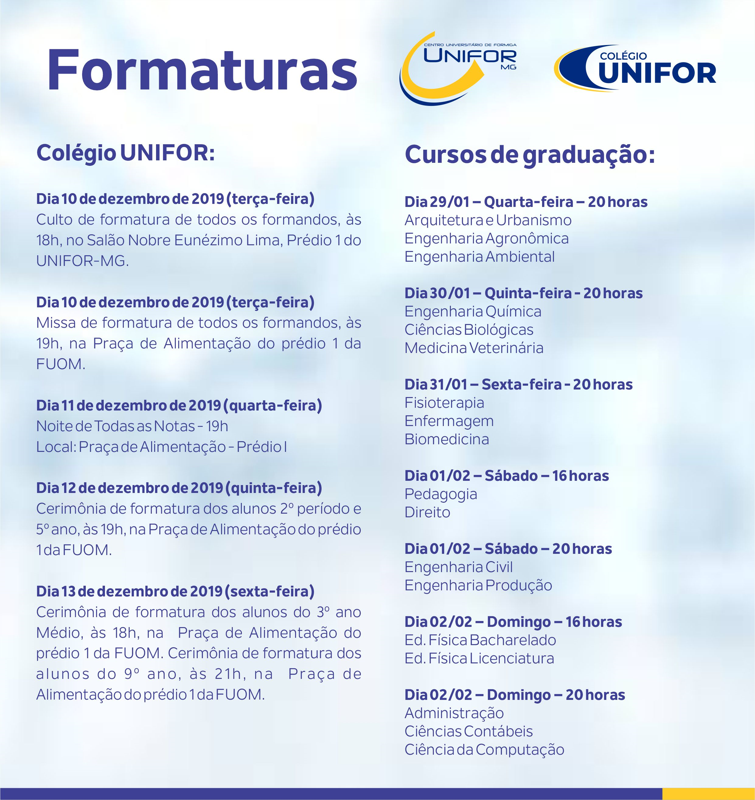 CONFIRA A PROGRAMAÇÃO DE FORMATURAS
