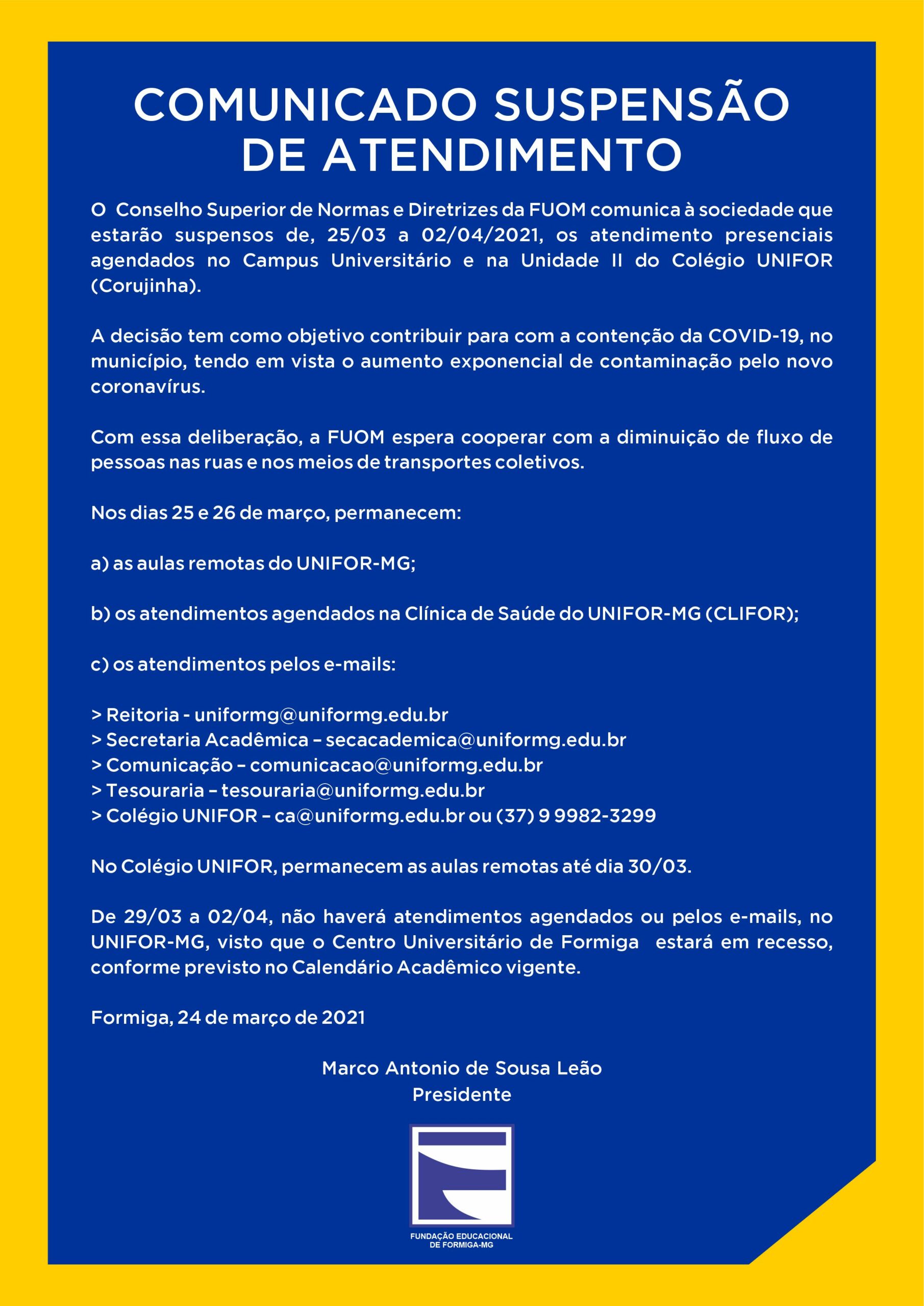 COMUNICADO SUSPENSÃO DE ATENDIMENTO