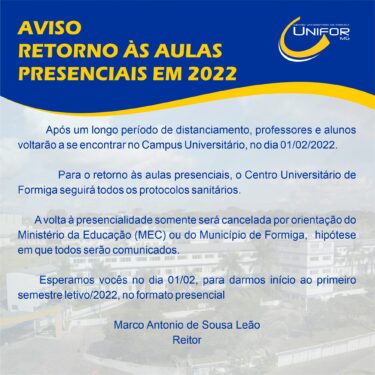 AVISO – RETORNO ÀS AULAS PRESENCIAIS EM 2022