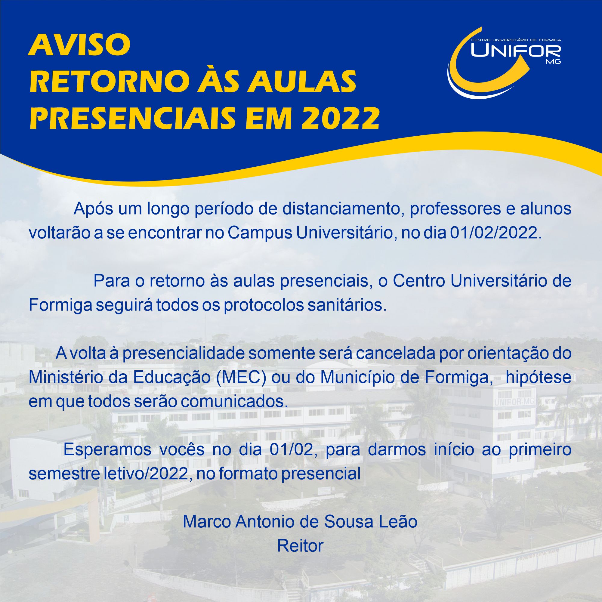 AVISO – RETORNO ÀS AULAS PRESENCIAIS EM 2022