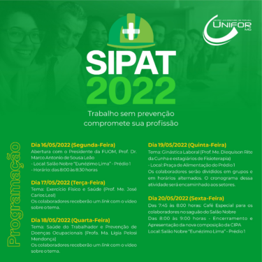 SIPAT TERÁ INÍCIO NO DIA 16/05