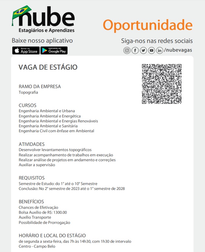 INSCRIÇÕES ABERTAS PARA ESTÁGIO EM EMPRESA DE TOPOGRAFIA