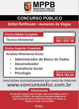 MINISTÉRIO PÚBLICO DA PARAÍBA AUMENTA NÚMERO DE VAGAS OFERECIDAS EM CONCURSO