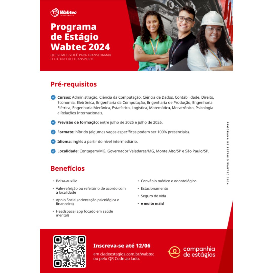 EMPRESA WABTEC DIVULGA OPORTUNIDADES DE ESTÁGIO PARA DIVERSAS ÁREAS