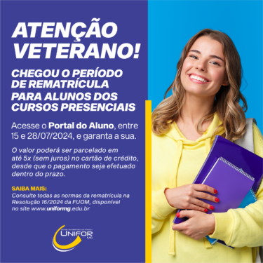 UNIFOR-MG DIVULGA A RESOLUÇÃO PARA A REMATRÍCULA DO SEGUNDO SEMESTRE DE 2024 PARA OS CURSOS PRESENCIAIS