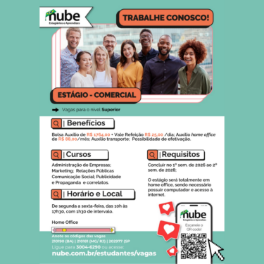 NUBE DIVULGA OPORTUNIDADE DE ESTÁGIO PARA ALUNOS DE ADMINISTRAÇÃO E MARKETING