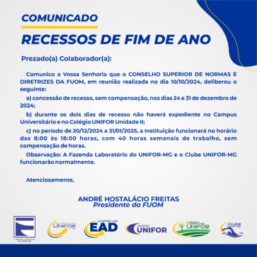CONFIRA O HORÁRIO DE FUNCIONAMENTO DA FUOM DURANTE RECESSO ESCOLAR
