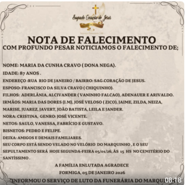 NOTA DE PESAR – MARIA DA CUNHA CRAVO