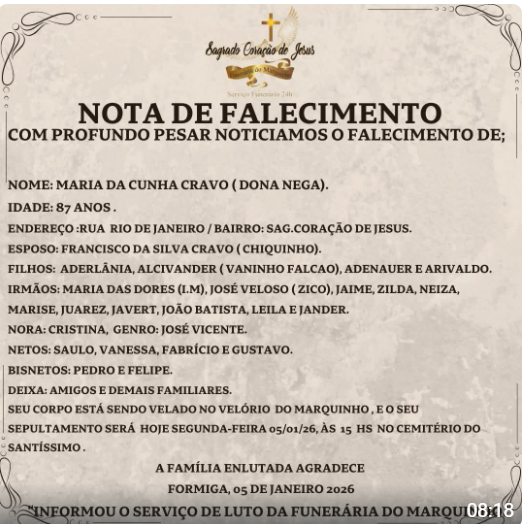 NOTA DE PESAR – MARIA DA CUNHA CRAVO