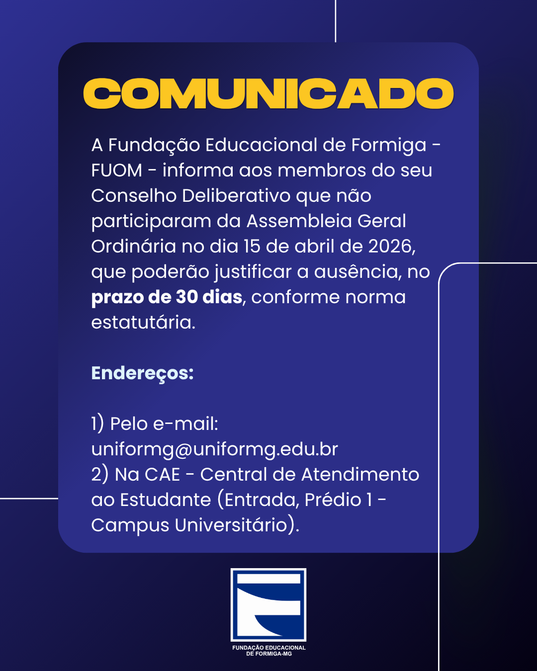 PRAZO PARA JUSTIFICATIVA DE AUSÊNCIA NA ASSEMBLEIA GERAL ORIDNÁRIA DA FUOM 2026